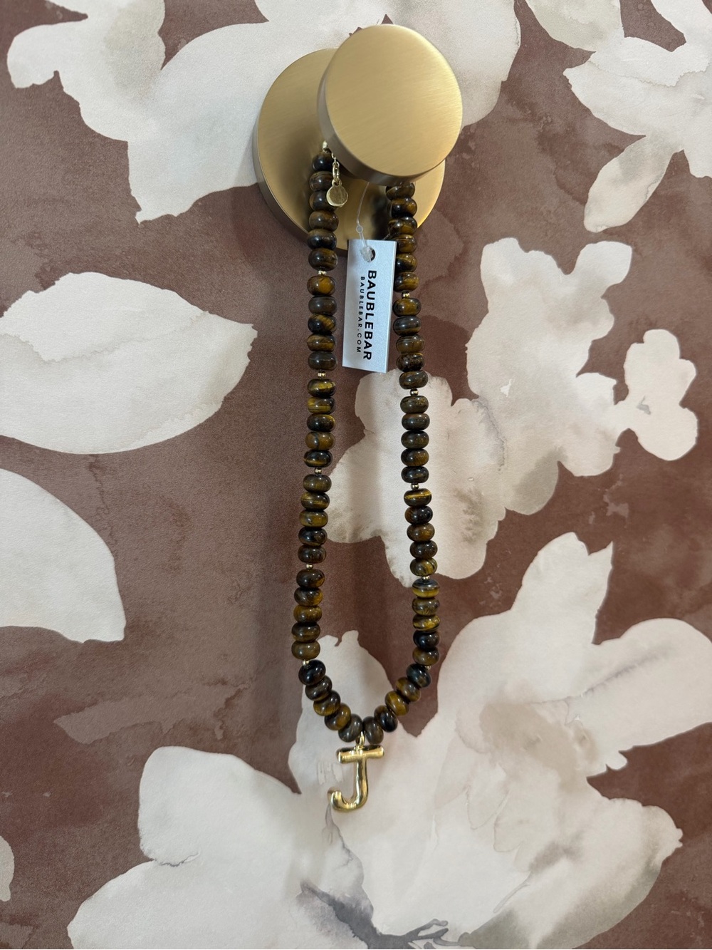 BaubleBar NWT Semi-Precious Bubble Initial Necklace with Gold 'J' in Tiger’s Eye